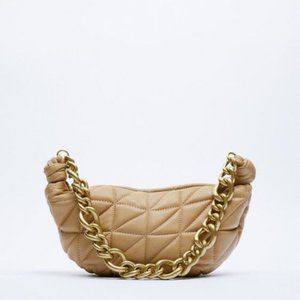 Zara Women's Quilted Leather Shoulder Bag With Chain Tan
